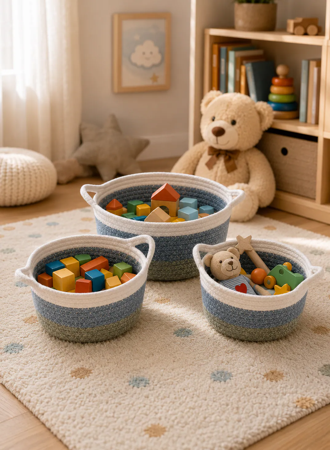 Bamboo Basket Set 3 Pieces – White, Blue & Green Woven Storage Baskets with Handles