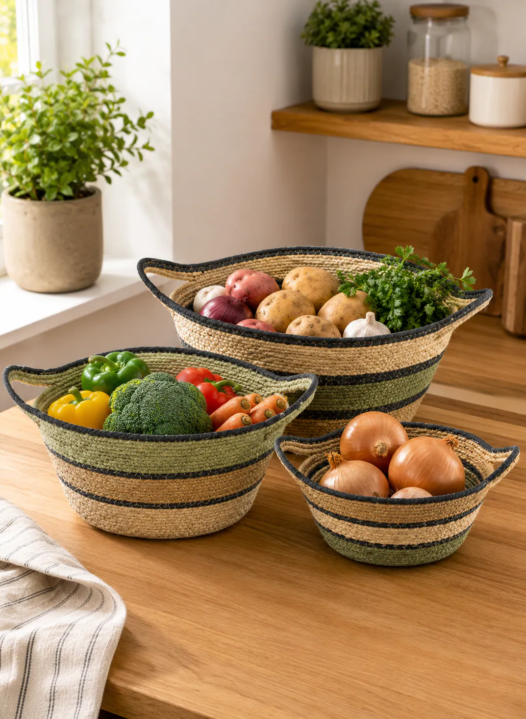 Bamboo Basket Set 3 Pieces – Natural & Green Woven Kitchen Storage Baskets with Handles