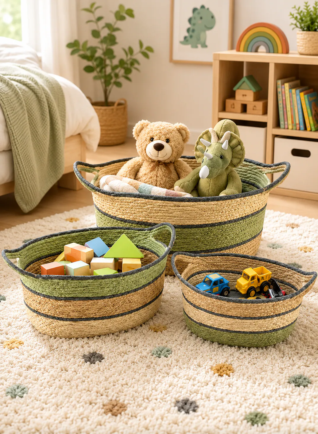 Bamboo Basket Set 3 Pieces – Natural & Green Woven Storage Baskets with Handles