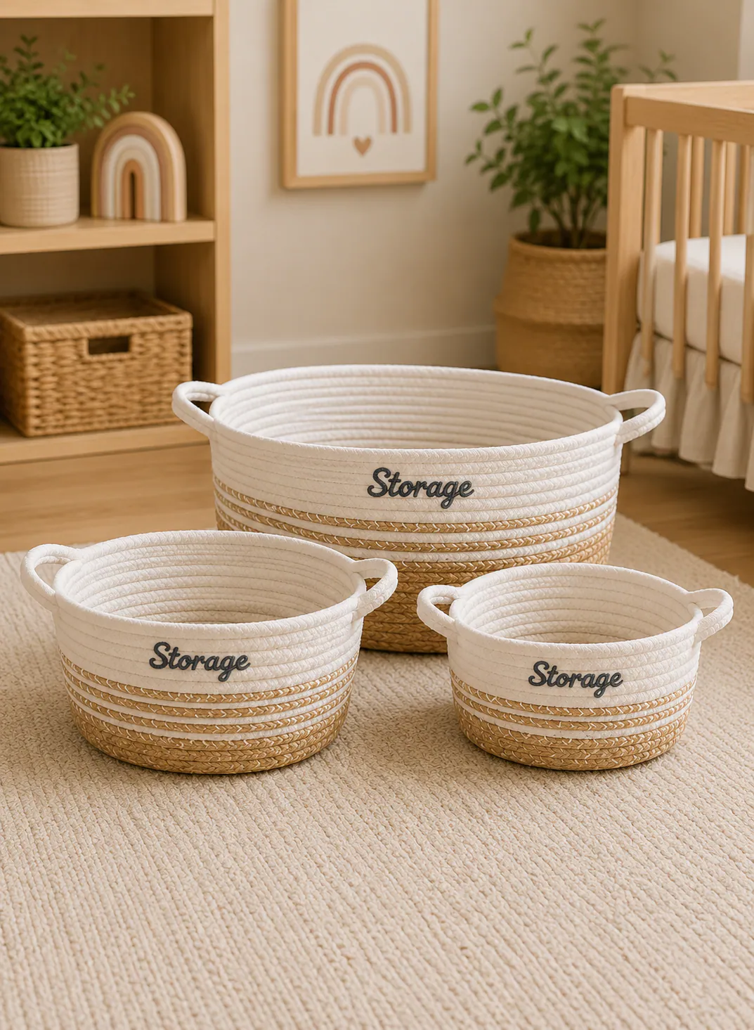 Seagrass Basket Set 3 Pieces – Natural & White Woven Storage Baskets with Handles