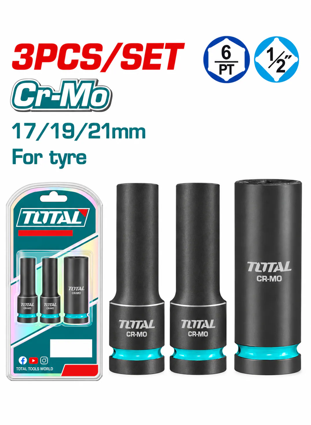 TOTAL 3-Piece 1/2" Drive Deep Impact Socket Set – 17, 19, 21mm