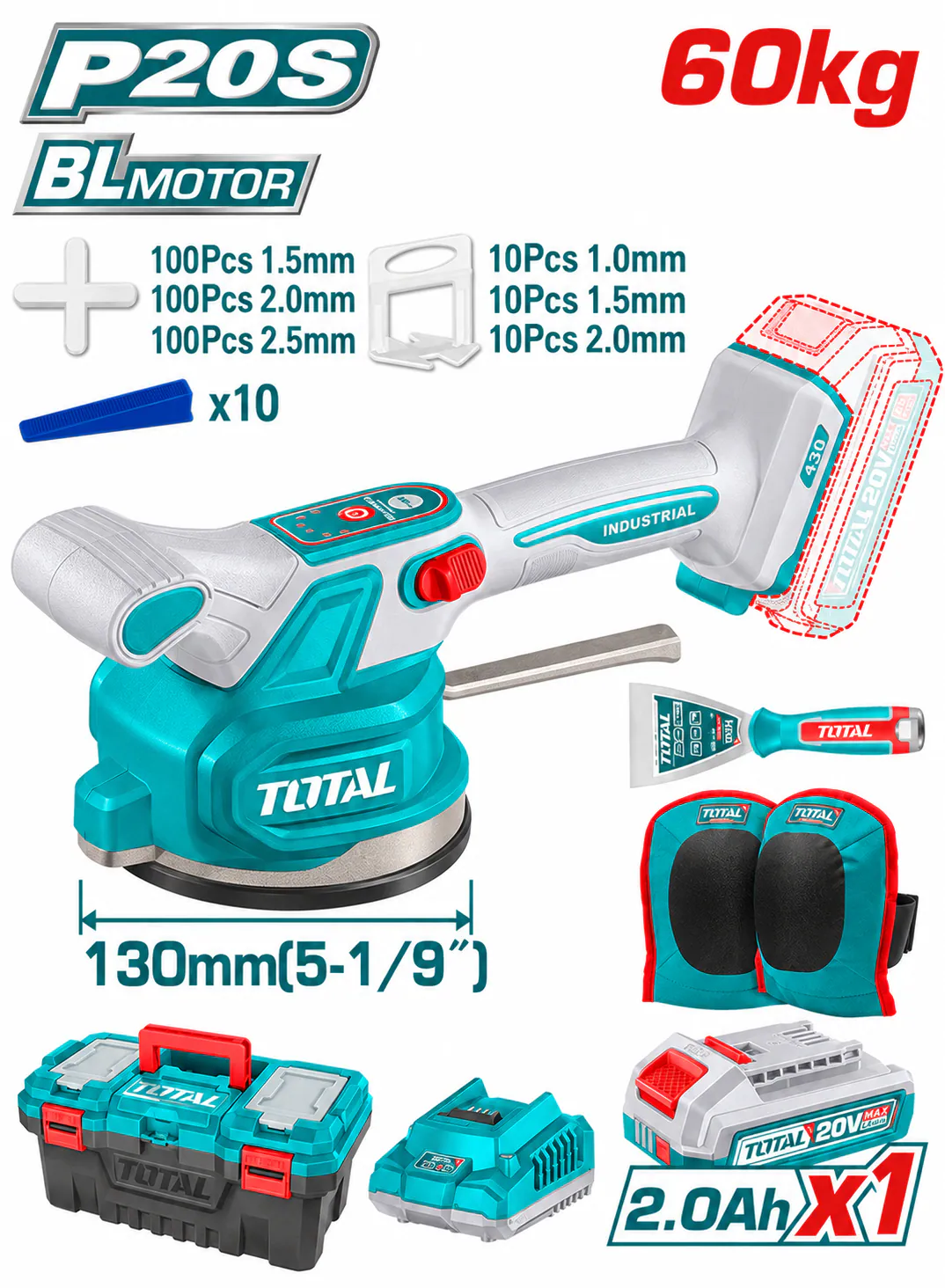TOTAL 20V Cordless Tile Vibrator & Suction Lifter Set – 130mm, 60kg with Battery & Tool Box