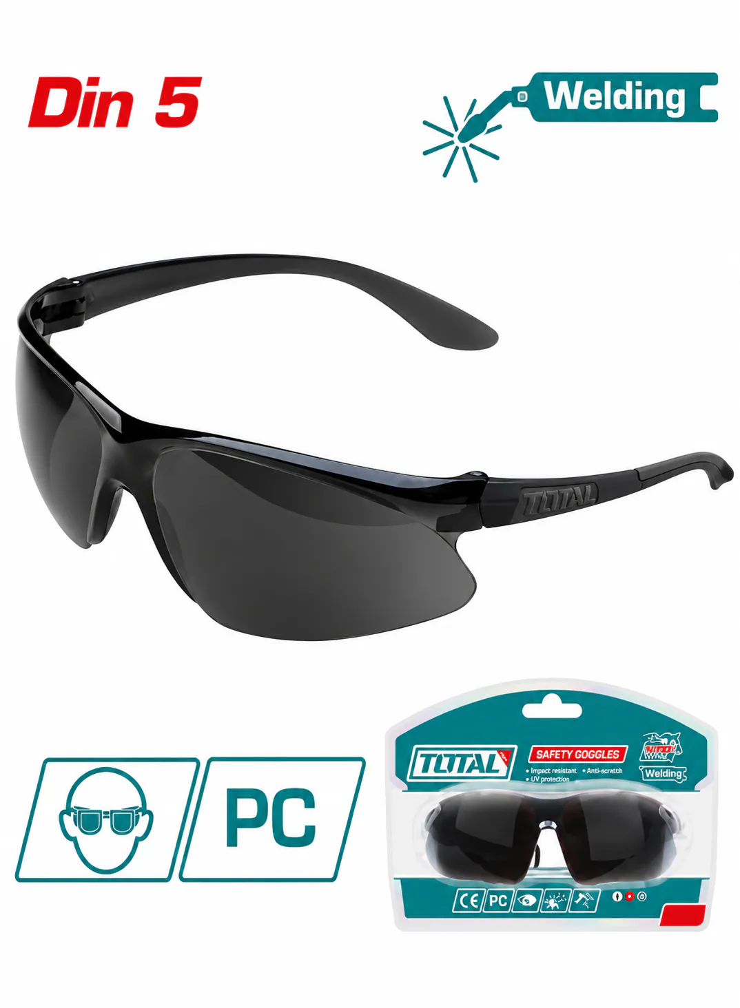 TOTAL DIN 5 Welding Safety Glasses – Black Protective Welding Goggles – Polycarbonate (PC) Lenses – Lightweight Wraparound Design – Industrial Eye Protection