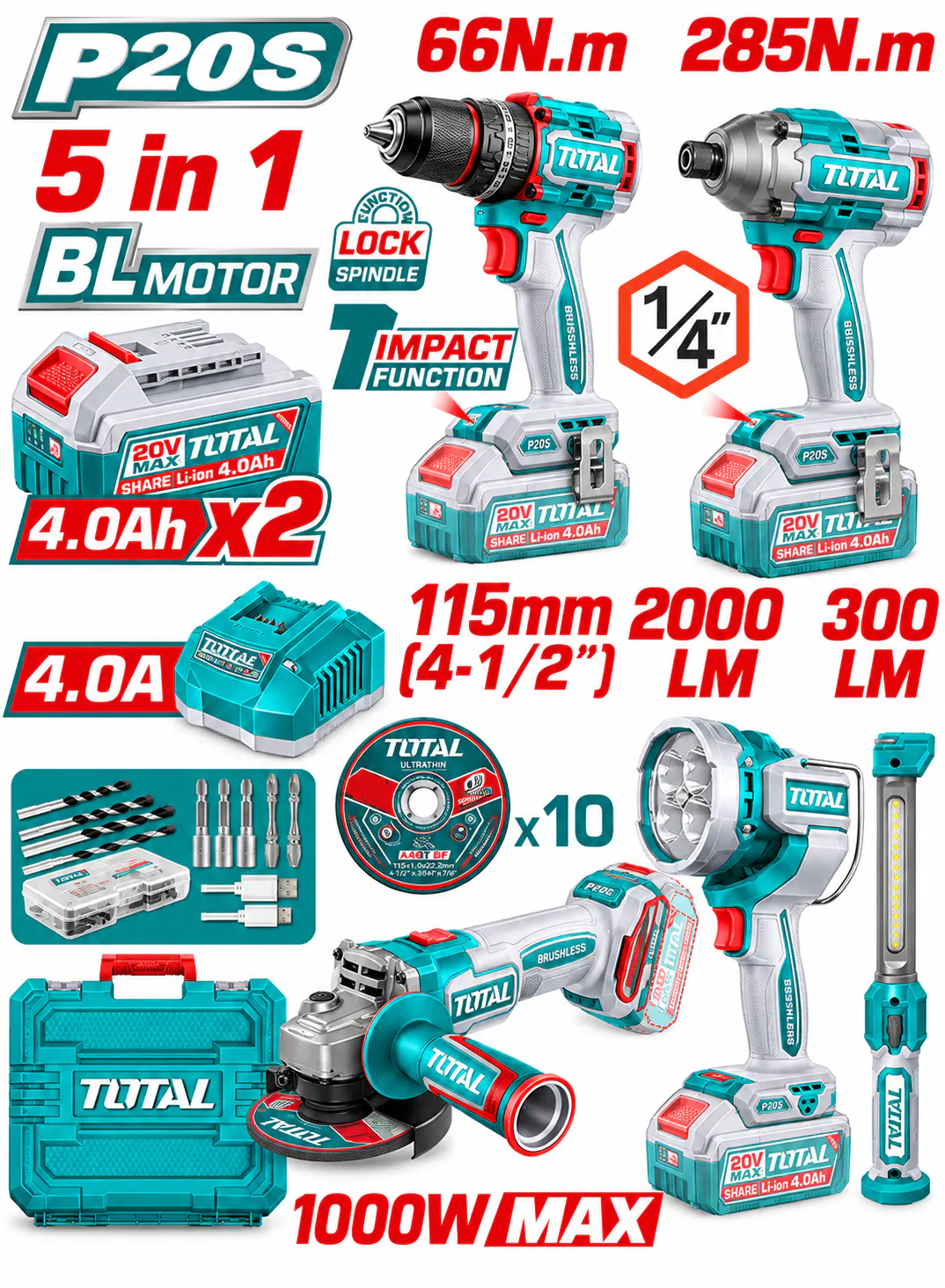 TOTAL 20V Cordless 5-Piece Combo Tool Kit – Brushless