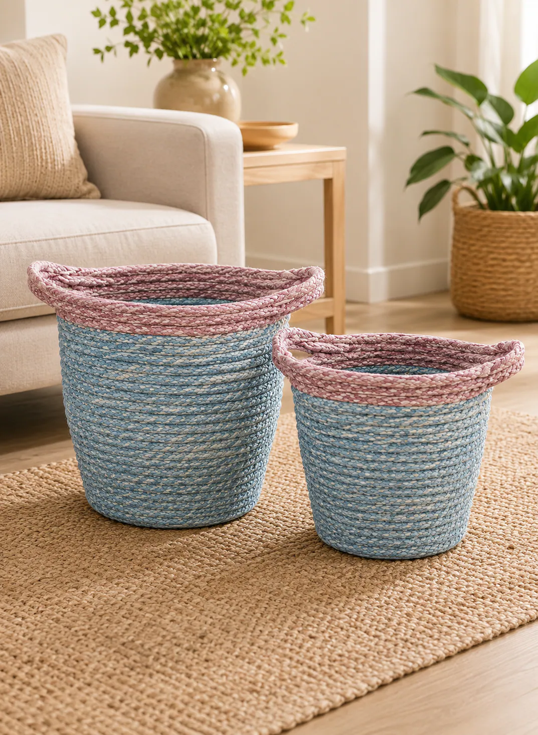 Bamboo Basket Set 2 Pieces – Blue & Pink Woven Storage Baskets with Handles