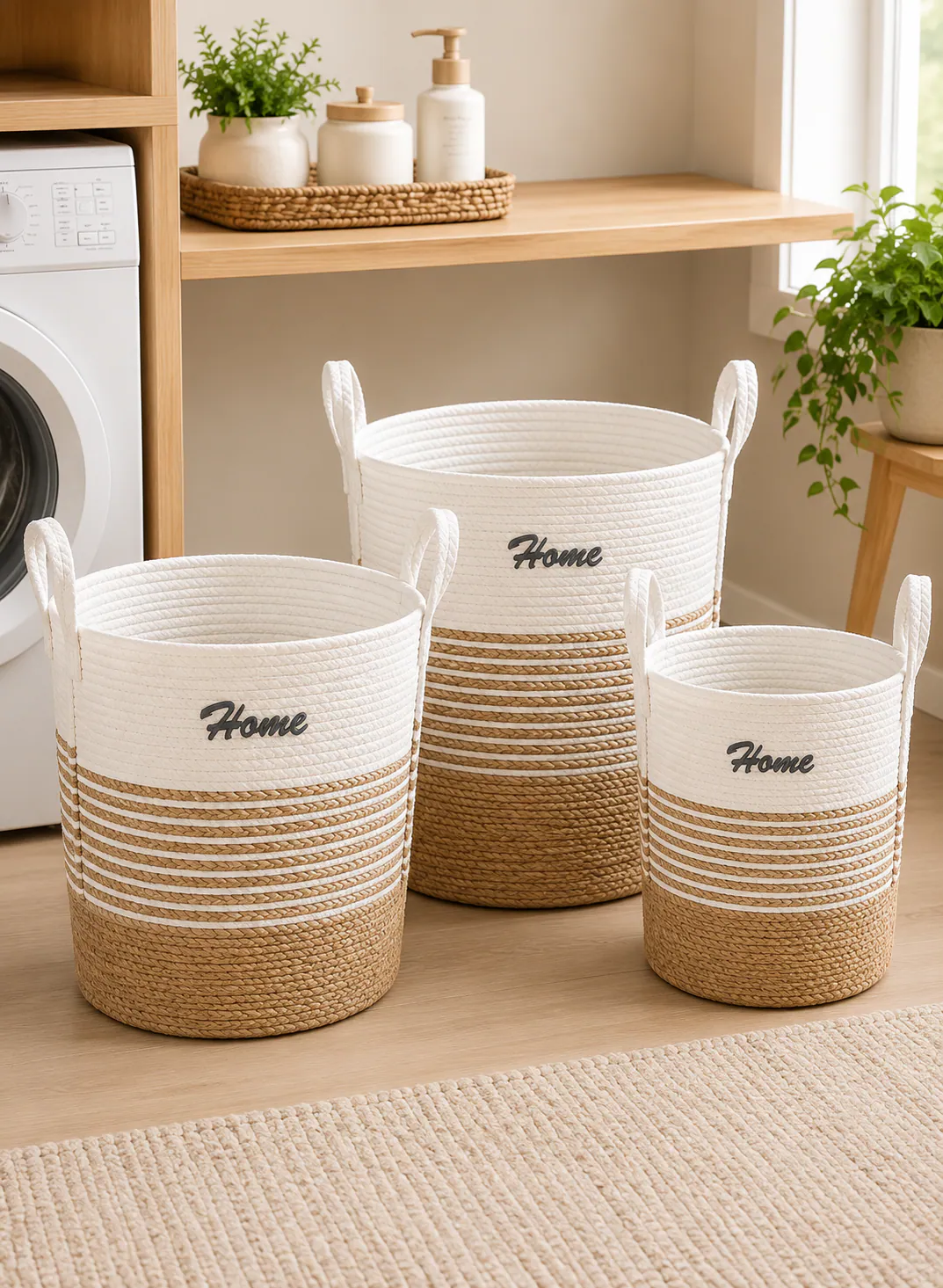 Seagrass Basket Set 3 Pieces – Natural & White Woven Laundry Storage Baskets with Handles