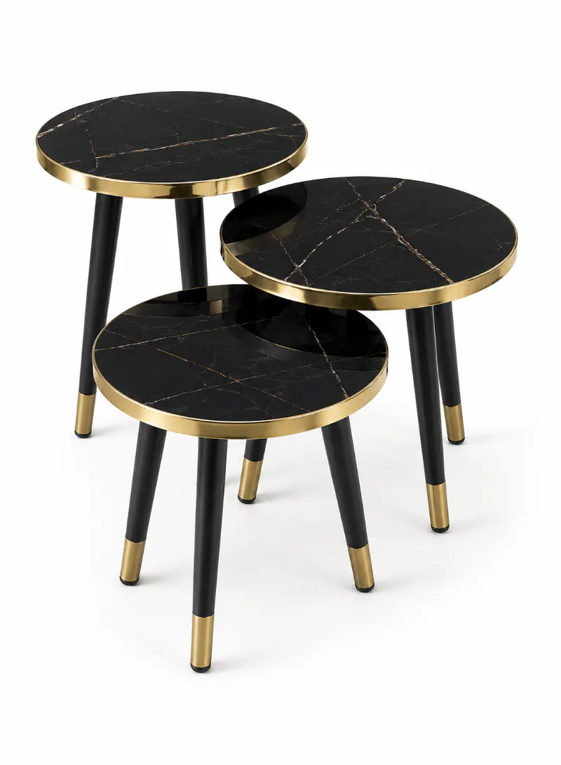 3-Piece Nesting Table Set – Black Marble-Effect MDF Top with Gold & Black Metal Legs