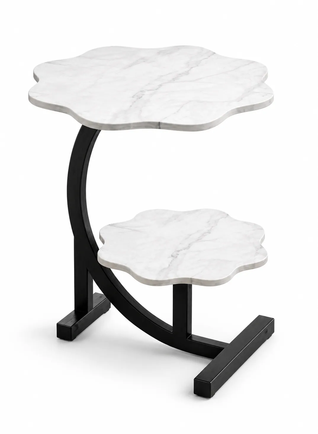 2-Tier C-Shaped Side Table with Marble-Look Shelves – 62 × 40 × 30 cm