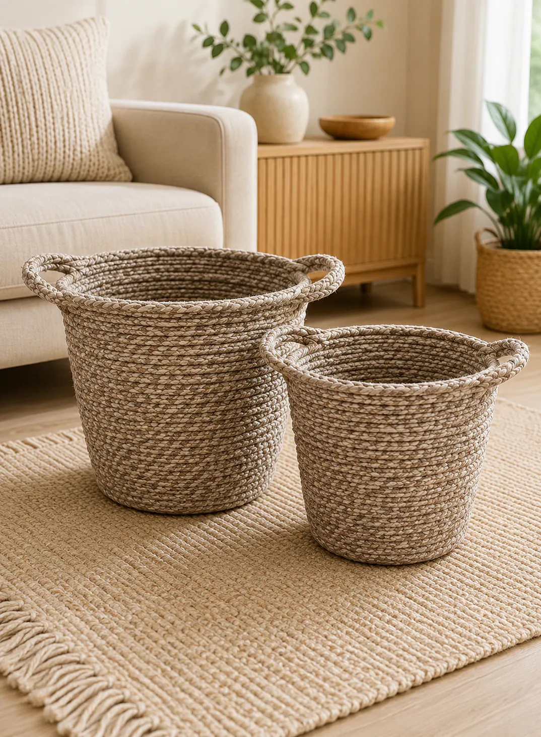 2-Piece Natural Beige Bamboo Basket Set – Woven Storage Baskets with Handles