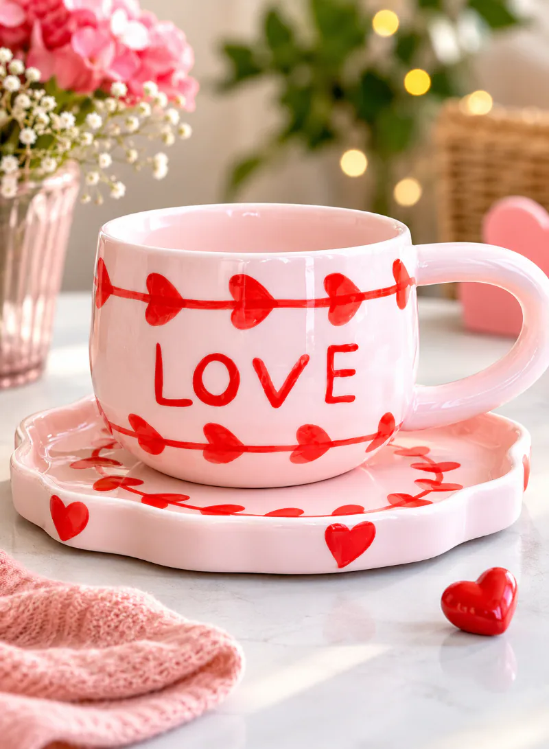 كوب سيراميك LOVE مع صحن مزخرف – طقم قهوة وشاي بتصميم قلوب رومانسي 2