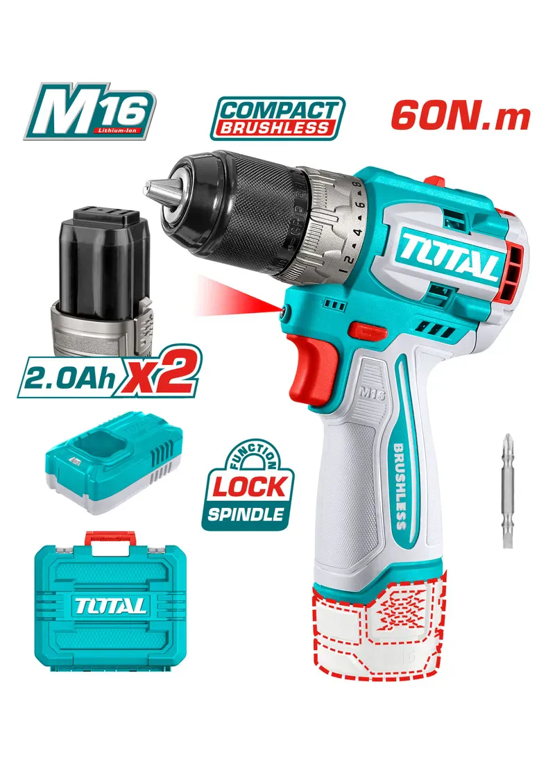 Total Compact Brushless Li-ion Impact Drill with 2 Batteries & Charger