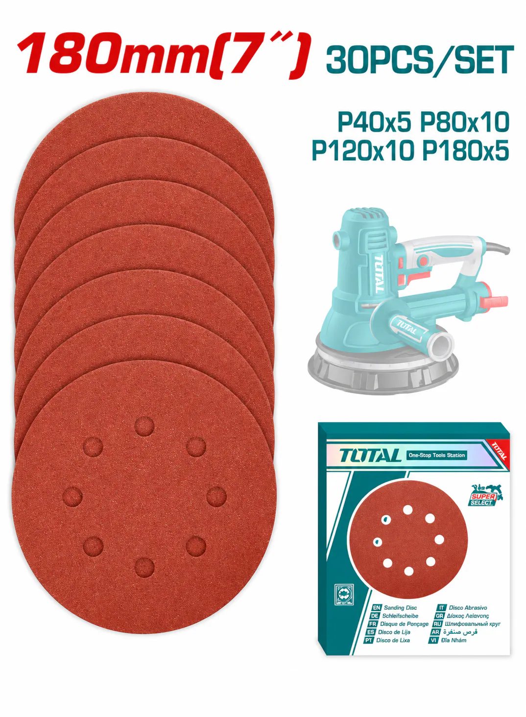 TOTAL 30-Piece Sanding Disc Set for Wall Sander – 180mm (7")