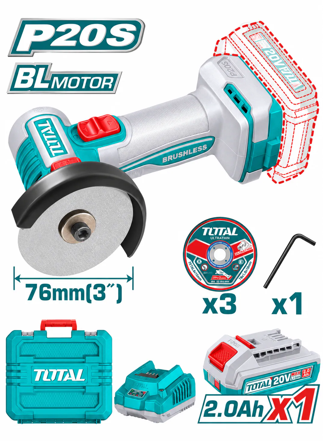  TOTAL 20V Brushless Cordless Mini Angle Grinder – 76mm (3") with Battery & Charger