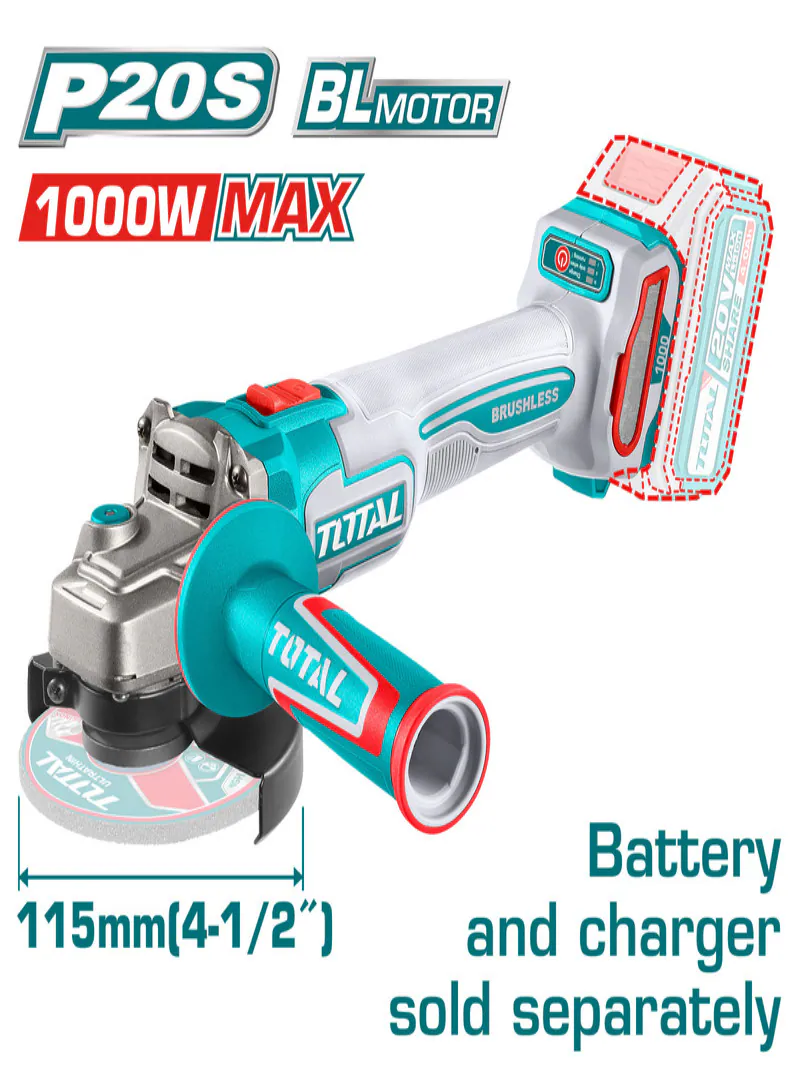 Total 20V Brushless Cordless Angle Grinder 1000W (Tool Only)