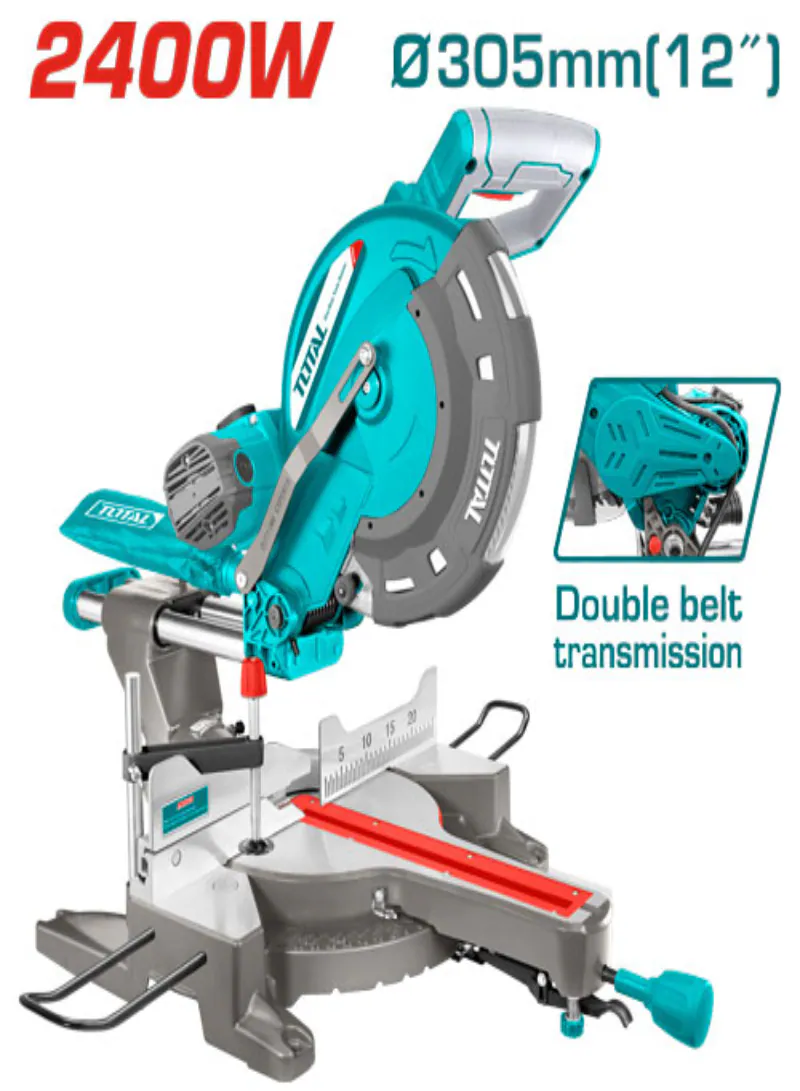 TOTAL 2400W Industrial Sliding Compound Mitre Saw with Dual Rails – 12″