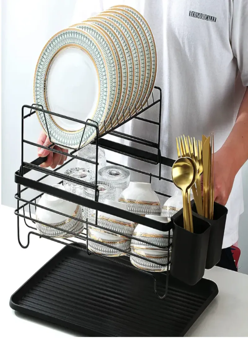 2 Tier Dish Rack with Tray – Black 2