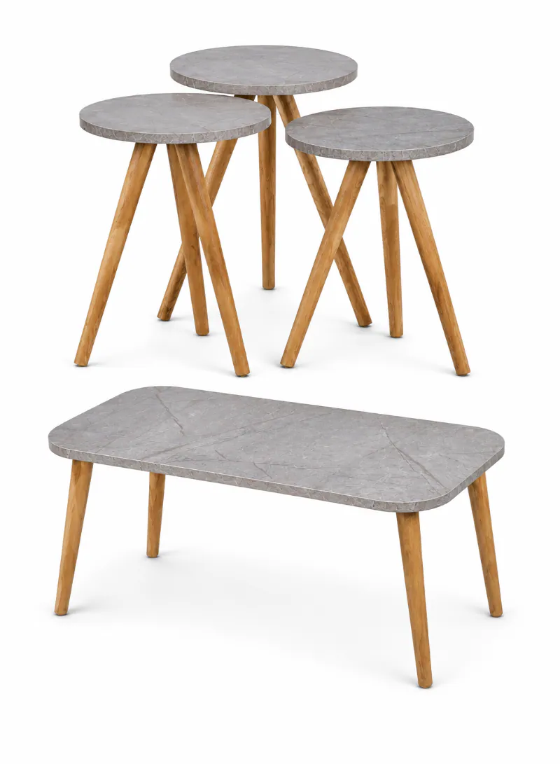Grey Center Table with 3 Nesting Tables – 4-Piece Modern Marble-Effect Table Set