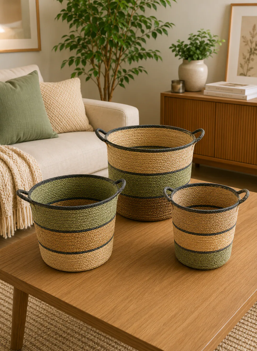 Bamboo Basket Set 3 Pieces – Natural & Green Woven Storage Baskets with Black Handles