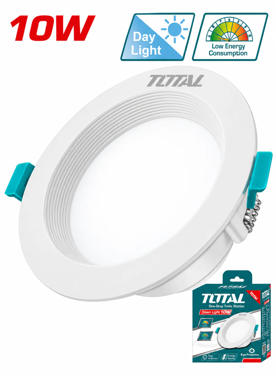 TOTAL 10W Round Recessed LED Downlight – 100–105mm Cut-Out Size – Daylight White – Energy-Saving Ceiling Spotlight – White Frame