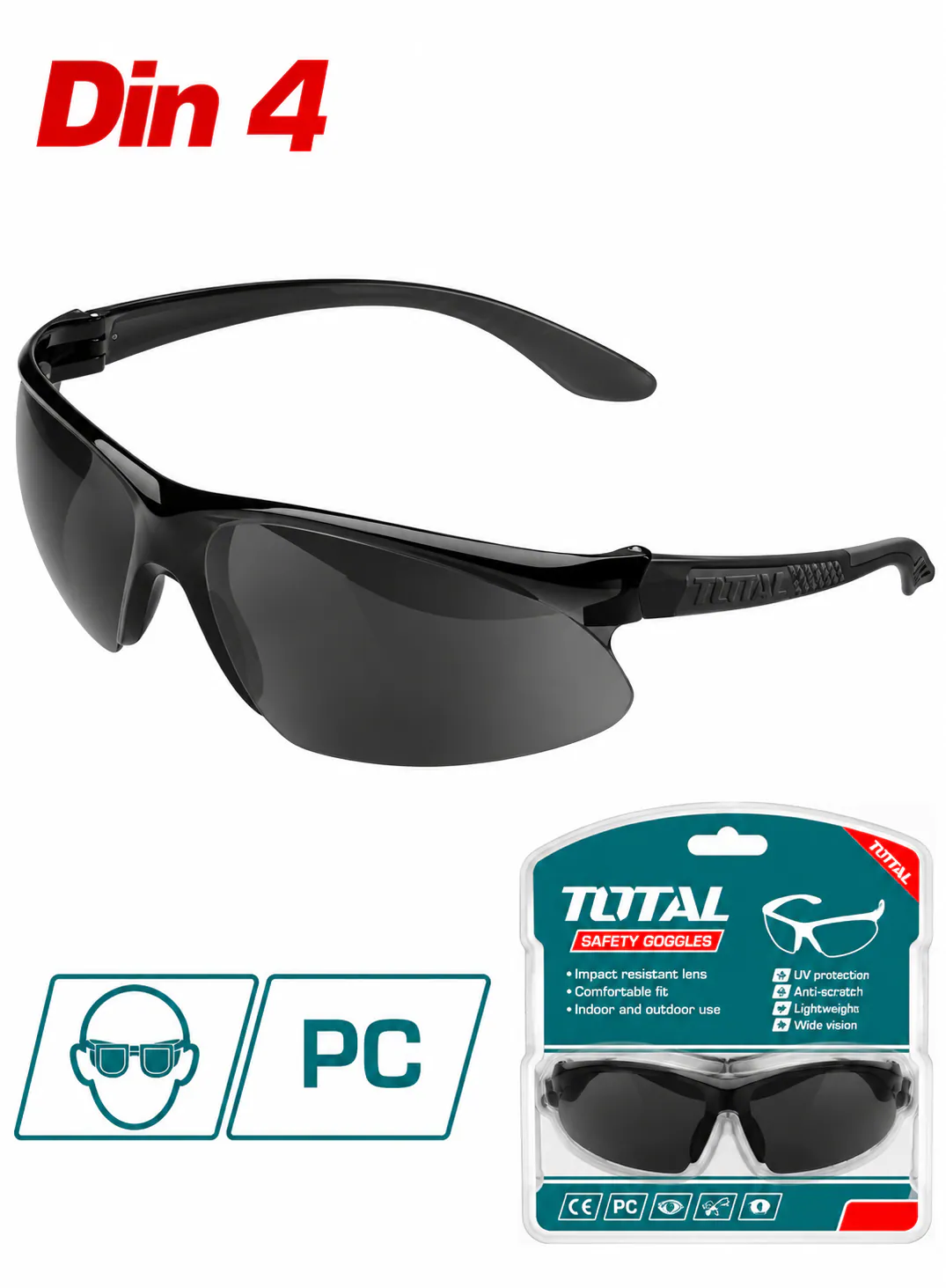 TOTAL Black Tinted Safety Glasses – DIN 4 – Polycarbonate (PC) Lenses – Lightweight Protective Eyewear – Ergonomic Wraparound Design – Industrial Eye Protection