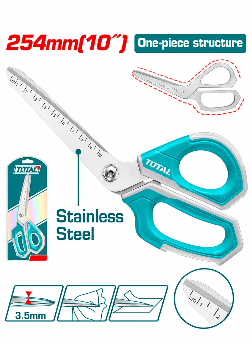 TOTAL 10" (254mm) Heavy-Duty Stainless Steel Scissors – One-Piece Structure – 3.5mm Thick Blades – Ergonomic Non-Slip Handles – Multipurpose Cutting Scissors