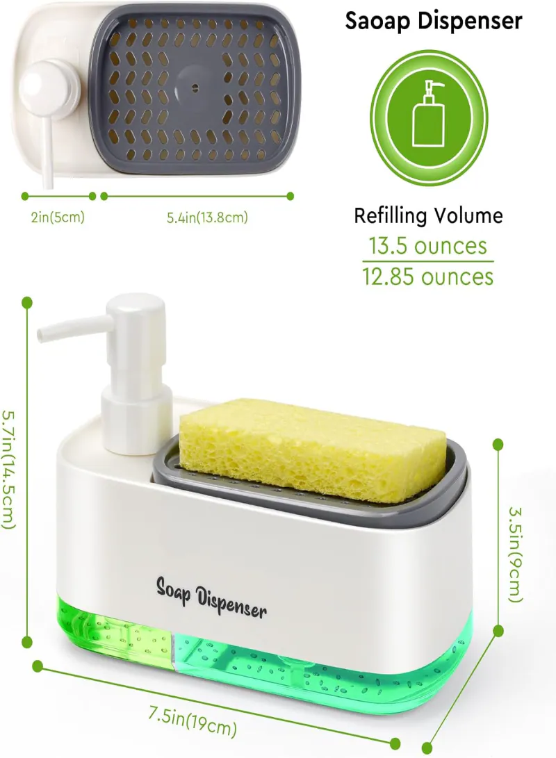 Dual Soap Dispenser Set with Sponge Holder – 3-in-1 Kitchen Sink Hand & Dish Soap Pump Dispenser (White) 3
