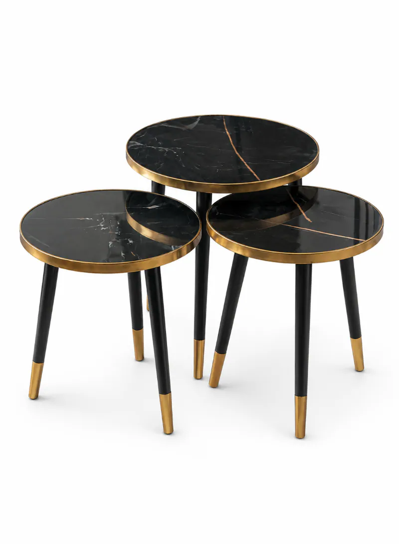 3-Piece Nesting Table Set – Black Marble-Effect Top with Gold & Black Metal Legs