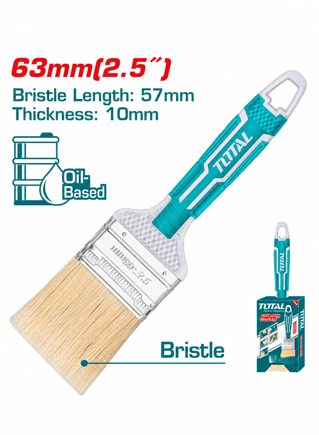 TOTAL 2.5" Industrial Paint Brush – 63mm – 57mm Bristle Length – 10mm Thickness – Oil-Based Paint Brush