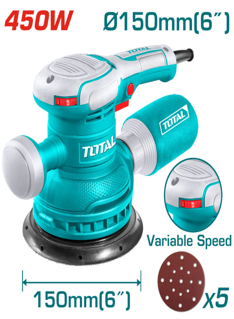TOTAL 450W Variable-Speed Rotary Sander with Velcro Base – 150mm