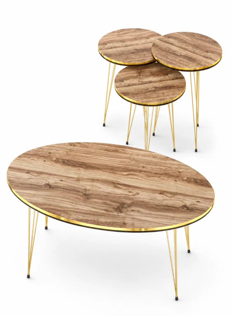 Wood Color Center Table with 3 Nesting Tables – 4-Piece Modern Table Set with Gold Metal Legs