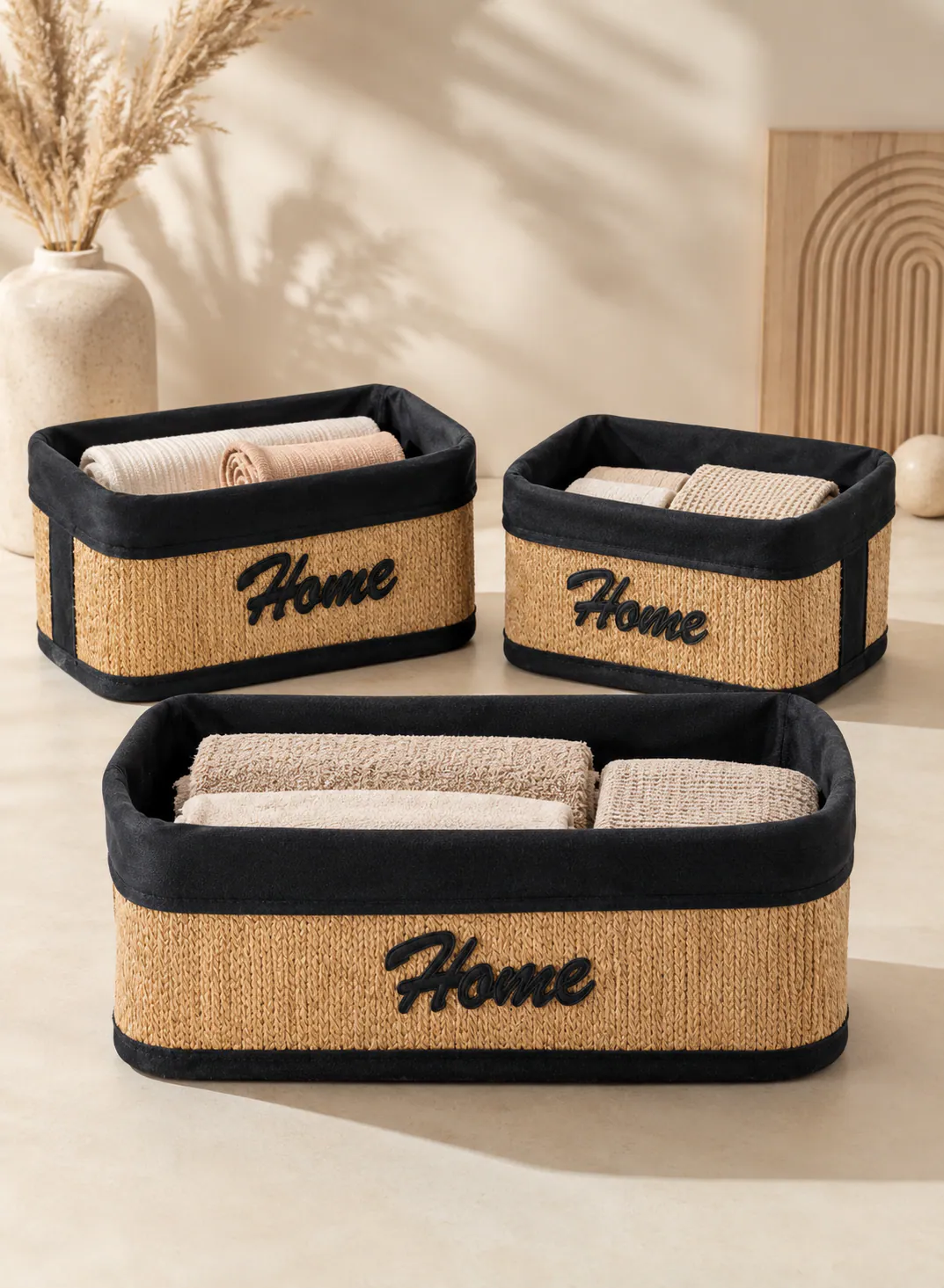 Bamboo Basket Set 3 Pieces – Natural Woven Storage Baskets with Black Fabric Lining
