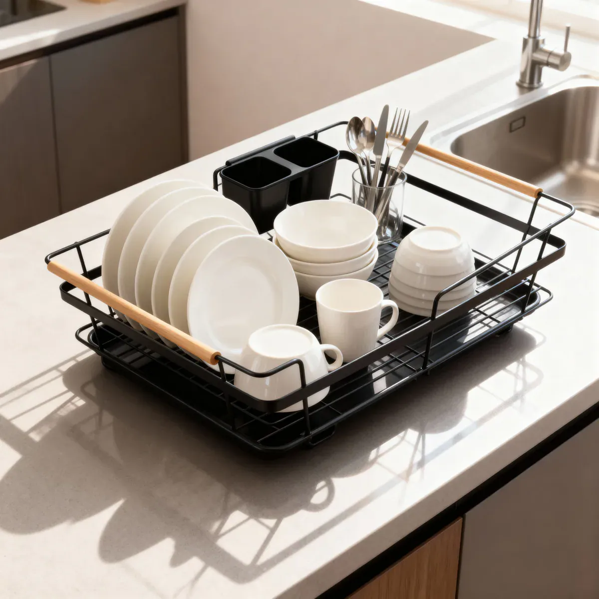 Modern Countertop Dish Drying Rack with Wooden Handles 2