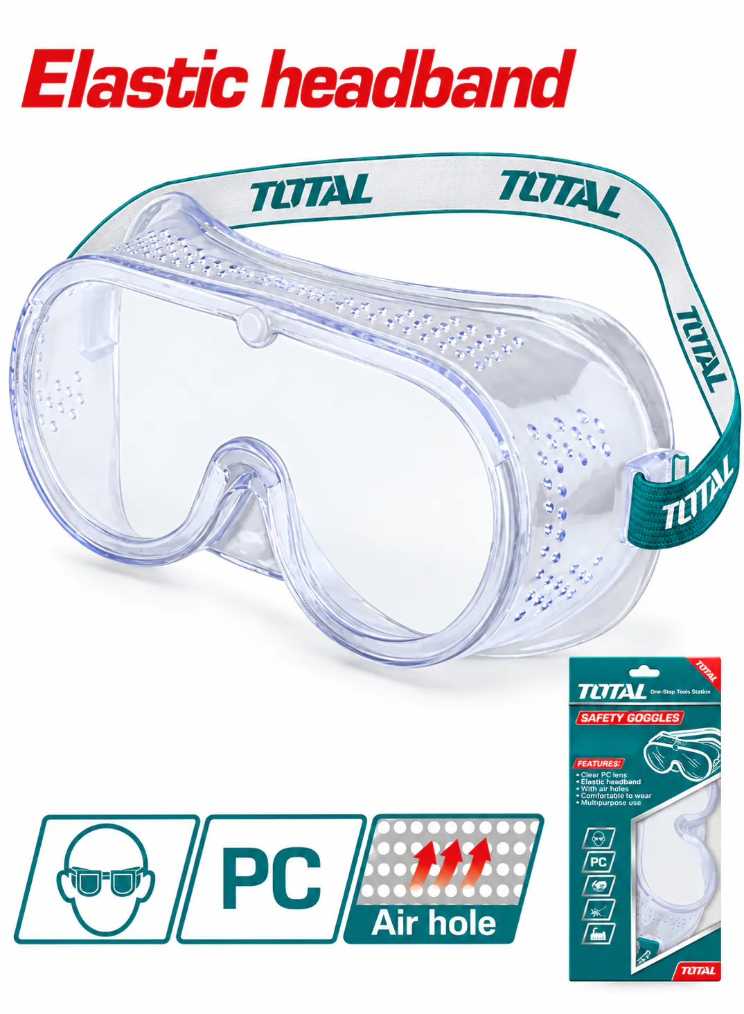 TOTAL Clear Protective Safety Goggles – Polycarbonate (PC) Lens – Elastic Adjustable Headband – Ventilation Air Holes – Full-Coverage Industrial Safety Goggles – Transparent Eye Protection
