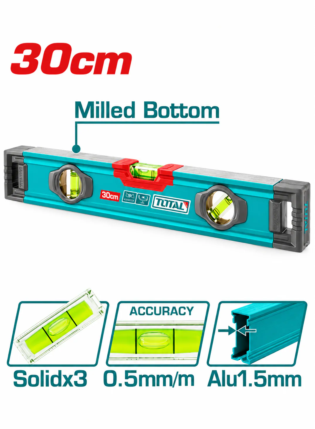 TOTAL 30cm Industrial Aluminum Spirit Level – Milled Bottom
