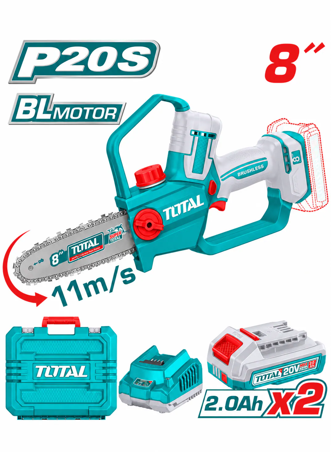 TOTAL 20V Brushless Cordless Mini Chainsaw – 8" with 2 Batteries & Carrying Case