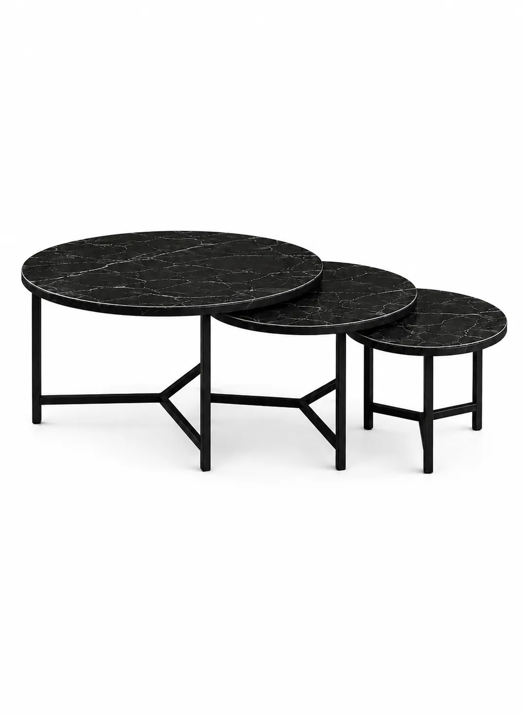 3-Piece Round Turkish Wood Nesting Table Set – Black Marble & Black Metal