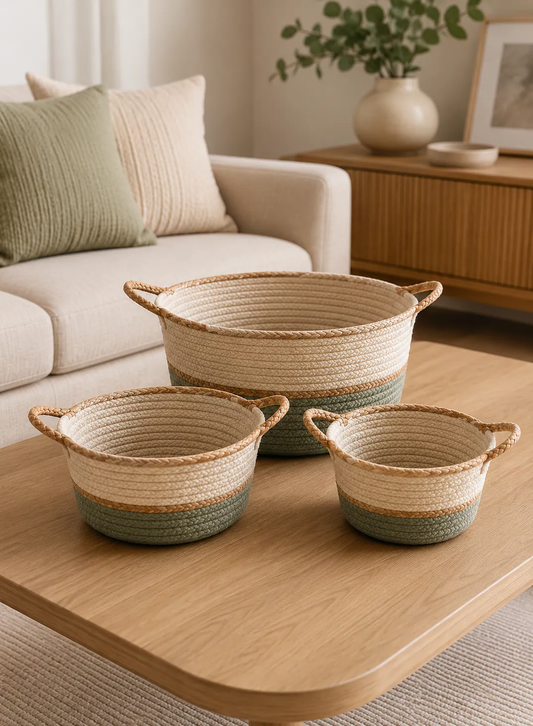 Bamboo Basket Set 3 Pieces – Natural & Green Woven Storage Baskets with Handles