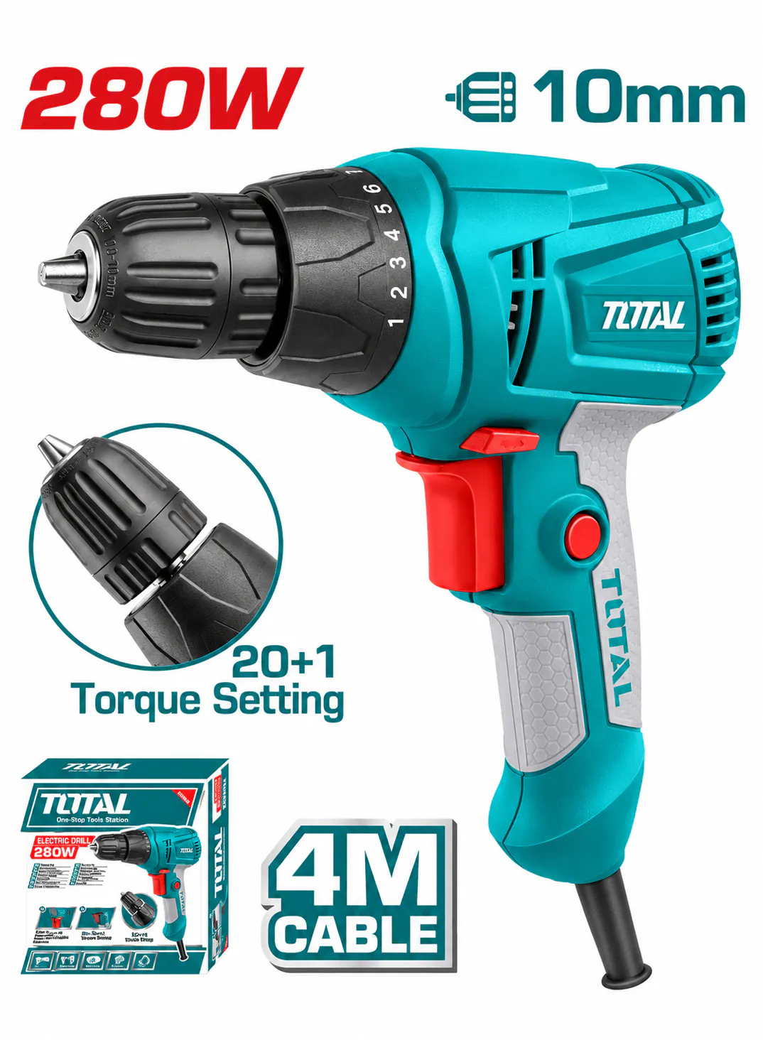 TOTAL 280W Electric Drill – 10mm Keyless Chuck (TD502106)