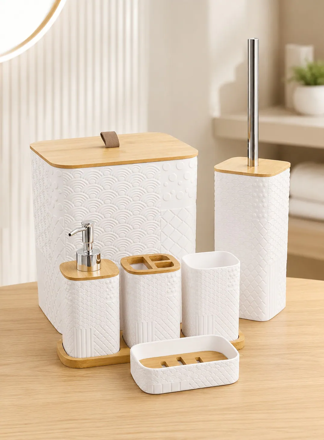 7-Piece Embossed Bathroom Accessories Set with Bamboo Details – White