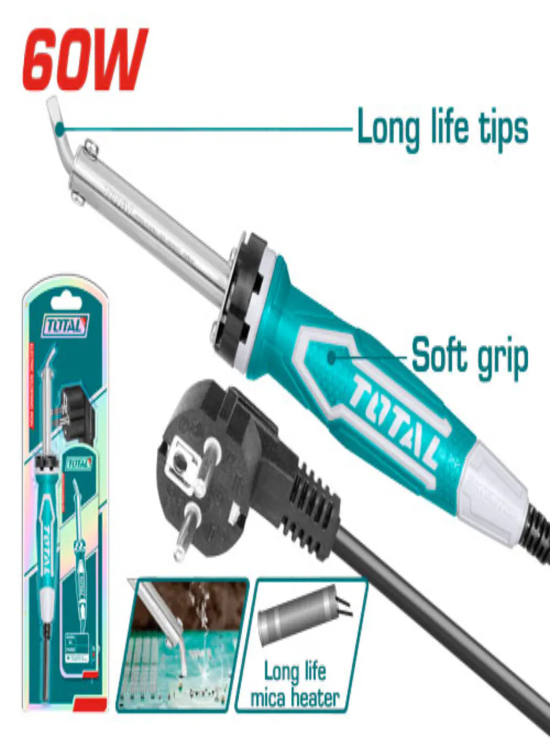 TOTAL 60W Industrial Soldering Iron – Bent Flat Head Tin Soldering Tool with Replaceable Long-Life Tip