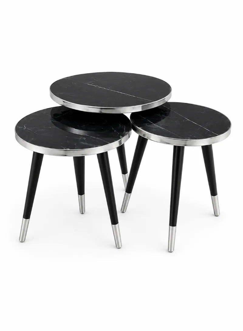 3-Piece Nesting Table Set – Black Marble-Effect Top with Silver & Black Metal Legs