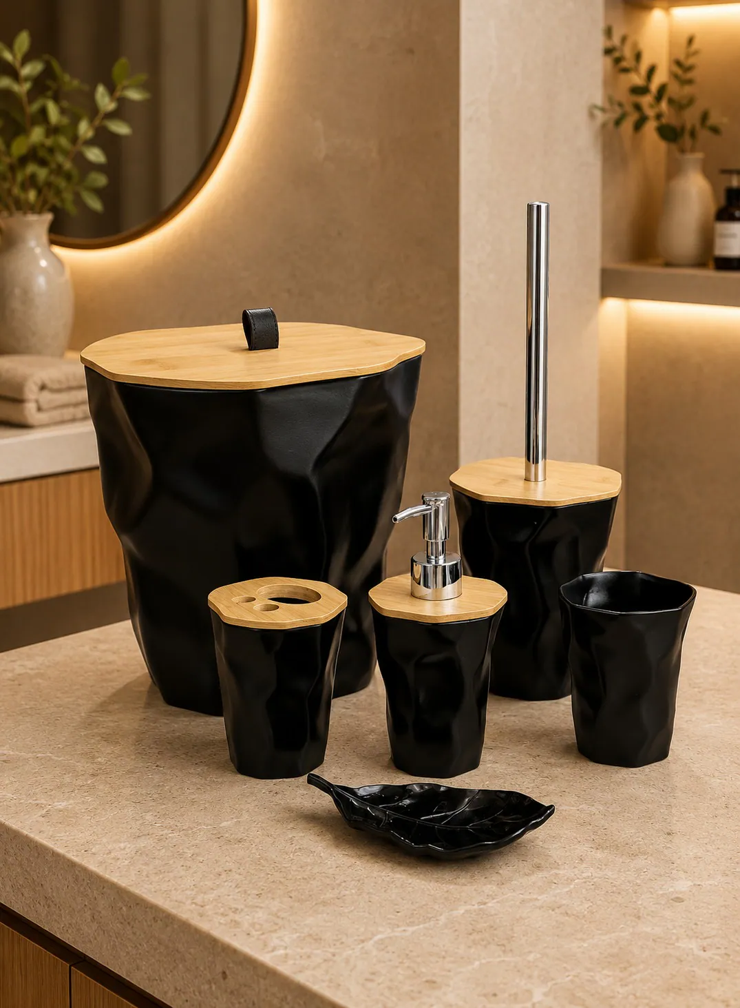 6-Piece Bathroom Accessories Set with Bamboo Details – Black