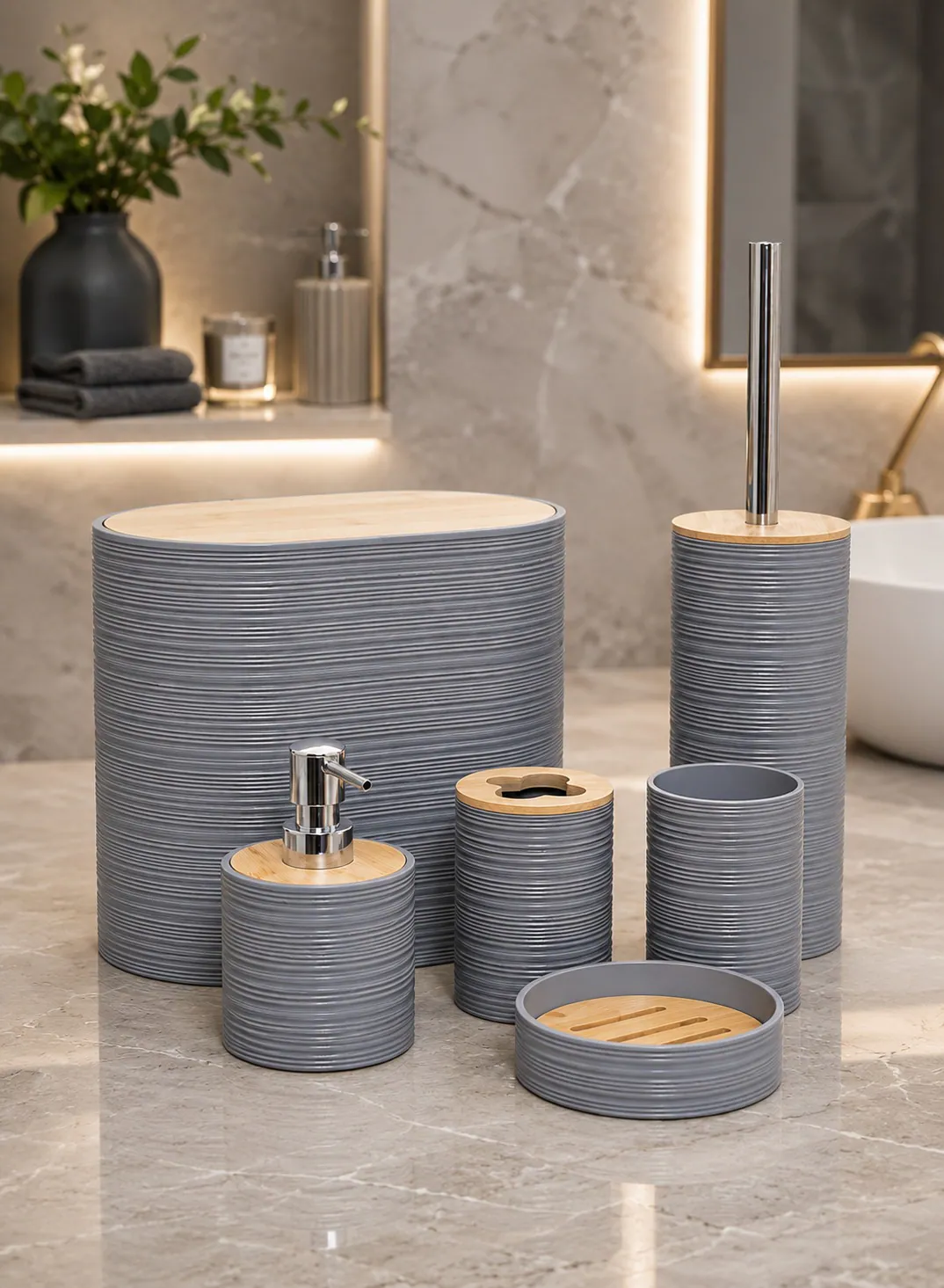6-Piece Ribbed Bathroom Accessories Set with Bamboo Details – Grey