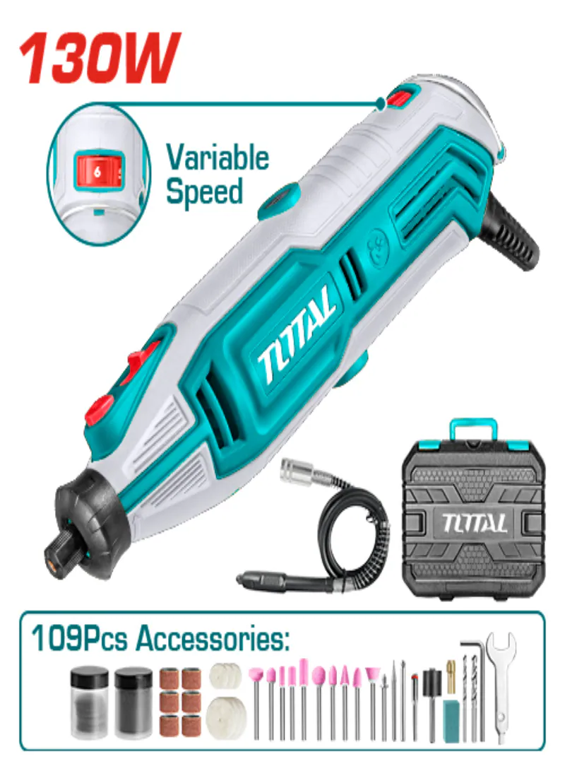 TOTAL 130W Rotary Tool Kit – Mini Drill Grinder with Variable Speed Control & 109 Accessories