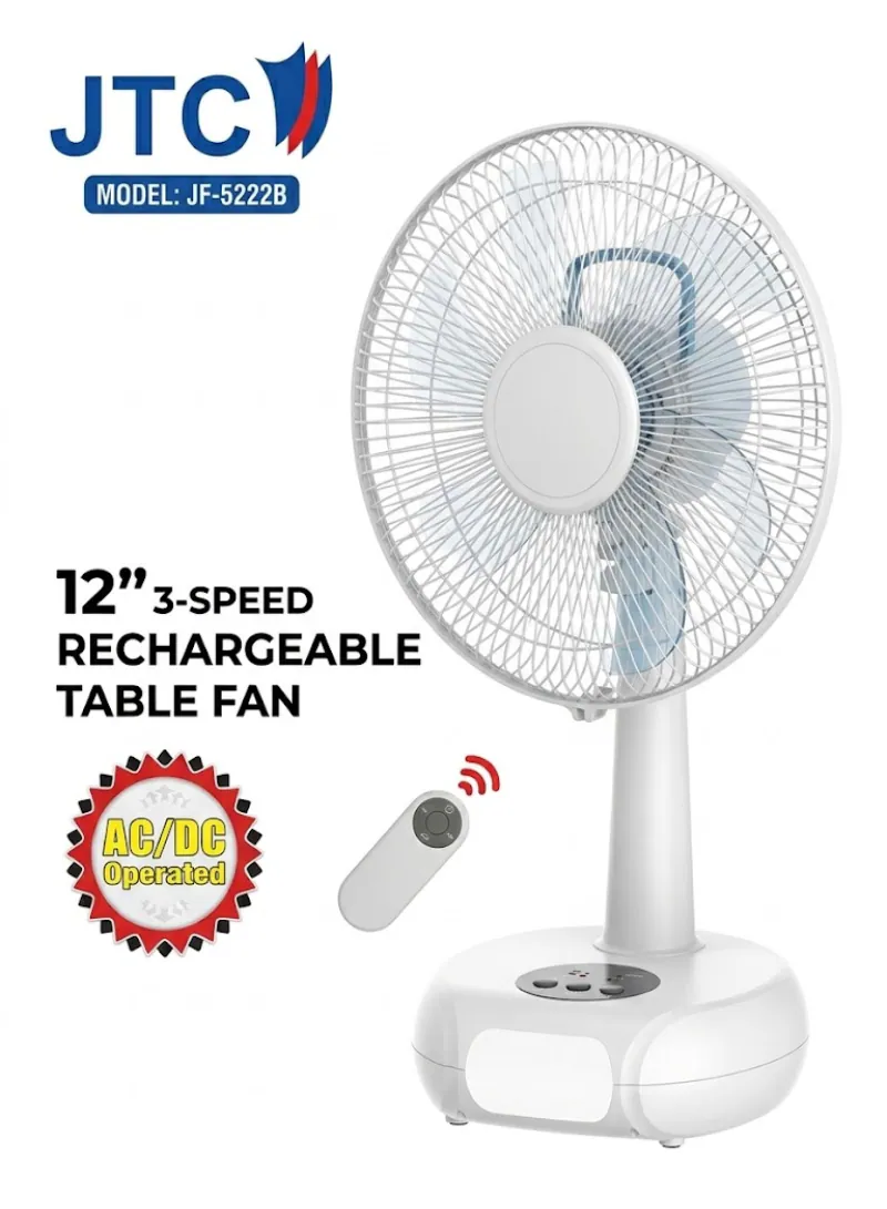 JTC JF-5222B Rechargeable Table Fan – 12 Inch, 3 Speeds