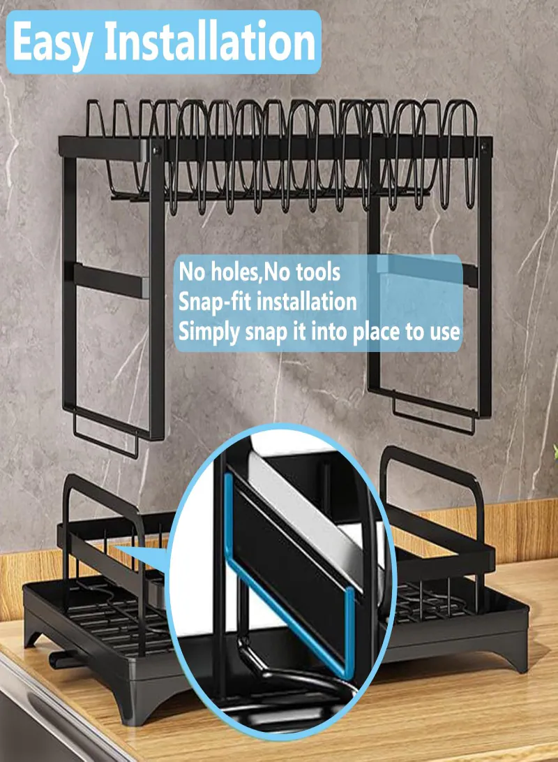 2-Tier Dish Drying Rack with Drainboard – Large Capacity Kitchen Dish Drainer Organizer with Utensil Holder & Cup Rack (Black) 4