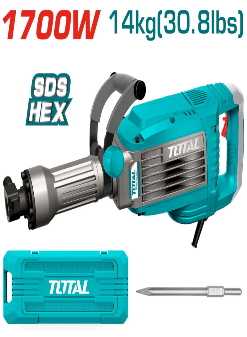 TOTAL Demolition Breaker 1700W – 14kg HEX Concrete Breaker with 50J Impact Force