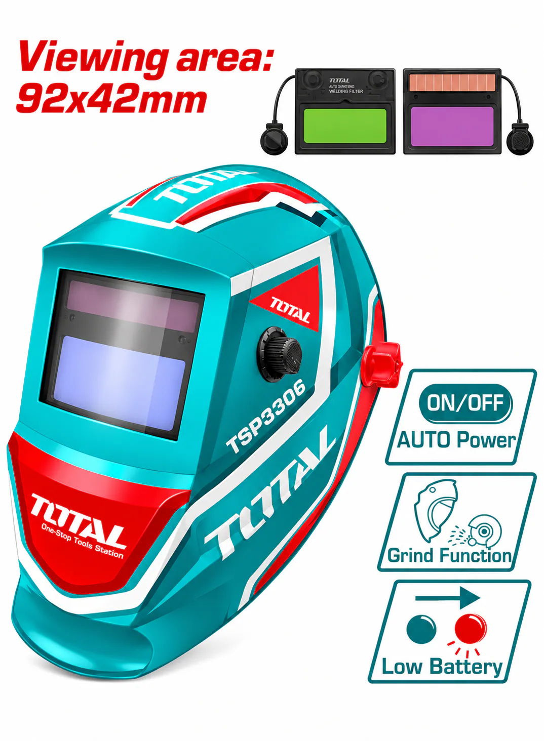 TOTAL Automatic Darkening Welding Helmet – DIN 9–13 Adjustable Shade – 92×42mm Viewing Area – TSP9306 – Grinding Function – Automatic ON/OFF – Low Battery Indicator – Heavy-Duty Industrial Welding Mask