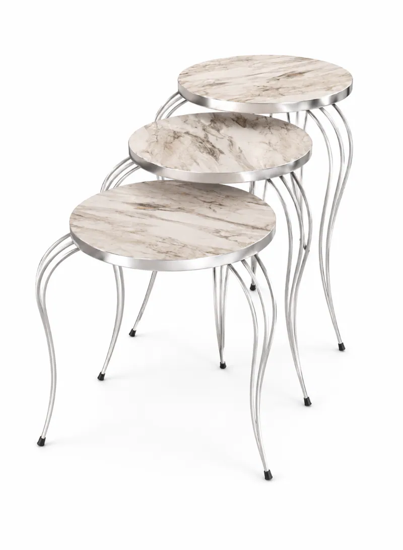 3-Piece Nesting Table Set – White Marble-Effect Top with Silver Metal Legs