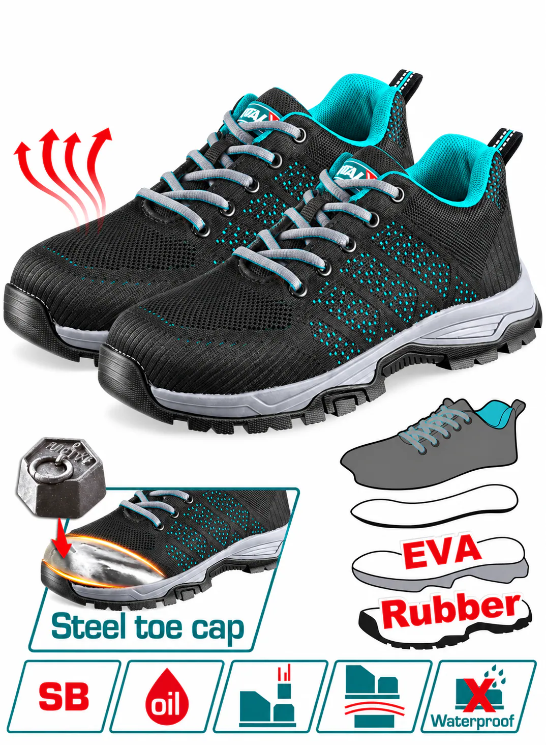 TOTAL Low-Cut Safety Work Shoes – Steel Toe Cap – SB Protection – Breathable Mesh Upper – EVA & Rubber Sole – Oil-Resistant Anti-Slip Outsole – Lightweight Industrial Protective Footwear